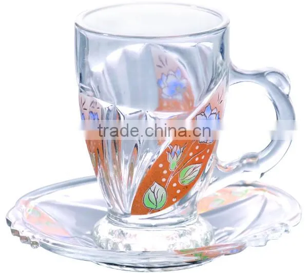 Beautiful decal glass tea cup saucer set