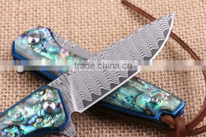 OEM Damascus pocket knife Application and Abalone Handle knife