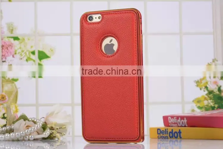 Leather Back Cover Metal Bumper Frame Case For iPhone 6,metal bumper for iphone6 plus