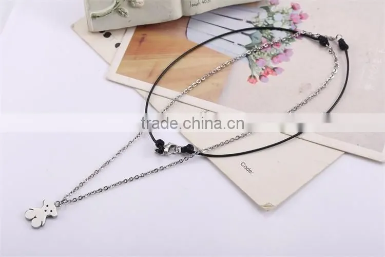 New modern model half wax rope half silver chain long necklace with bear pendant