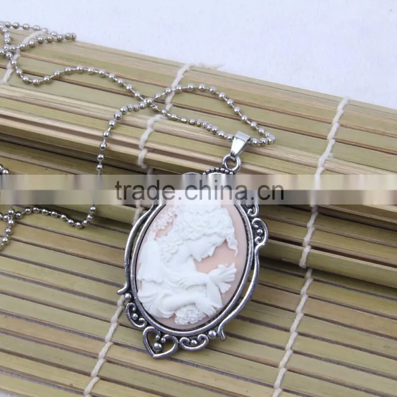 fashion jewelry necklace steampunk necklace pink beauty silhouette silver cameo pendant 2015 new party dress made in China yiwu