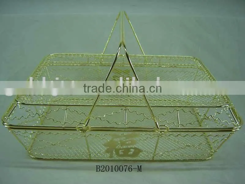 Gold metal wire handmade fruit home storage basket with lid&handle