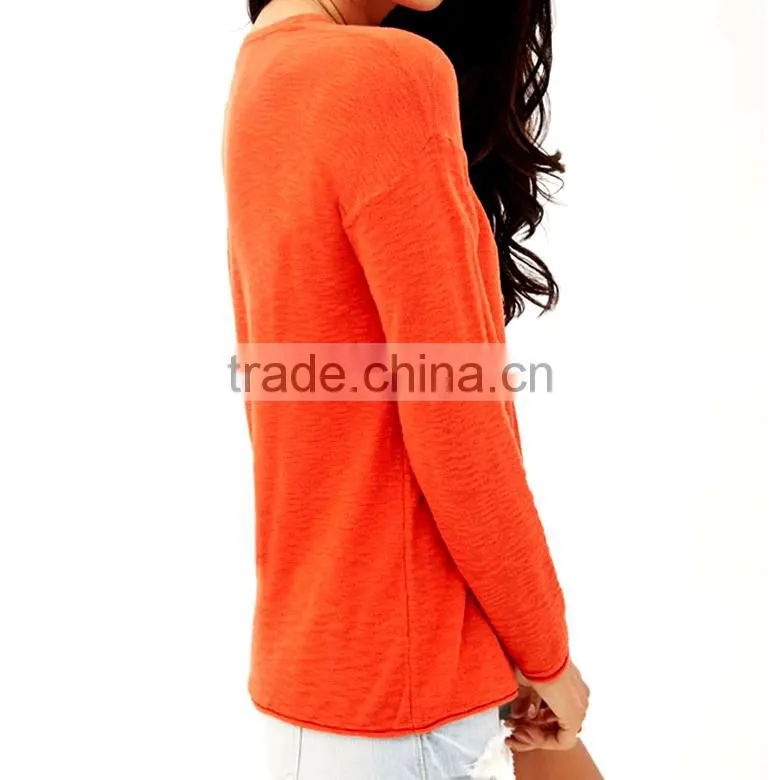 simple soft slub 100% cotton round neck female pullover sweater