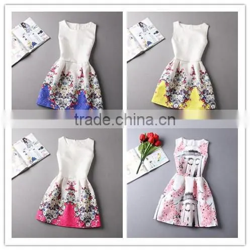 Promotional ! 2016 summer style printing dress skirt, women sleeveless party dresses, Custom women dress