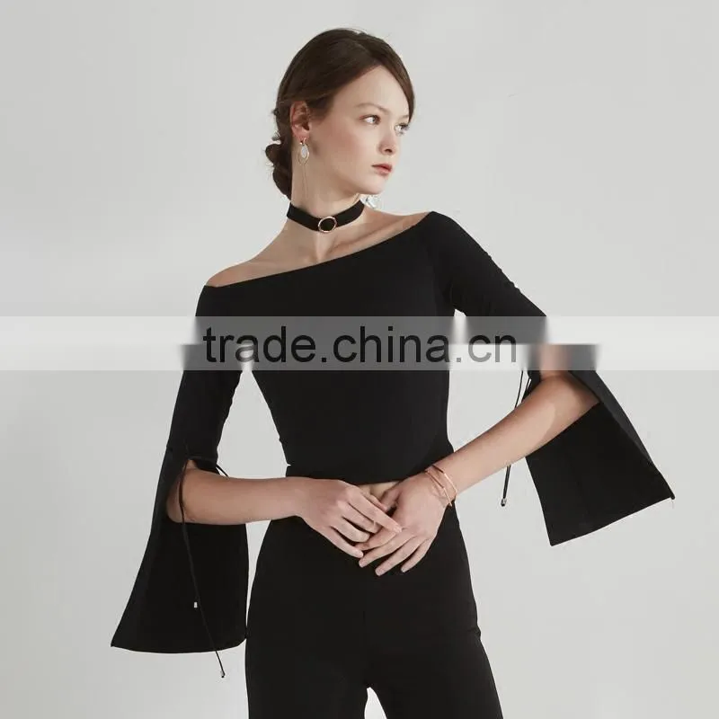 trumpet sleeve round neck casual fashion lady blouse for wholesale