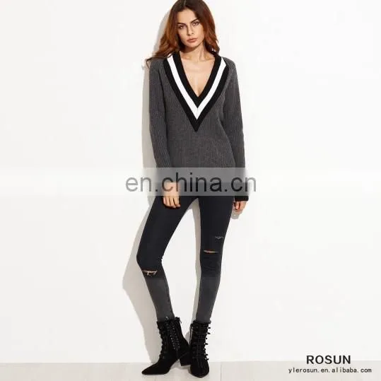 Grey Striped Trim Deep V Neck Knitted Sweater