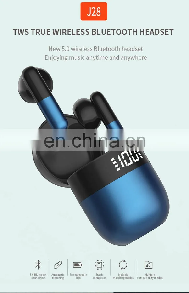 13 year manufacturer high quality sounds J28 wireless earbuds sports headphone with charging box