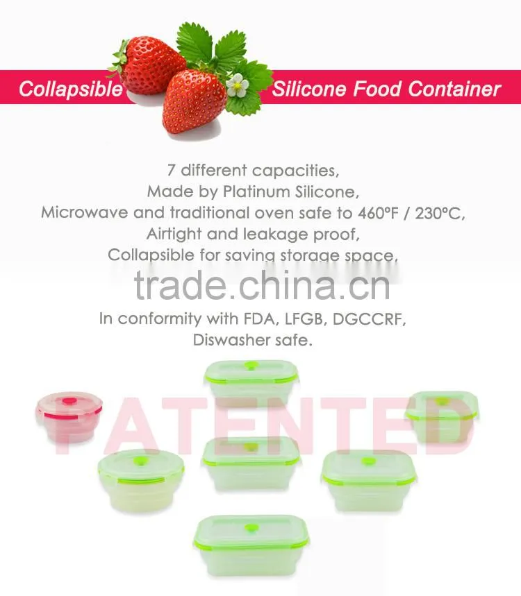 400ml Foldable Airtight Silicone food container with PP lid , Platinum silicone, BPA FREE, FDA, LFGB, DGCCRF