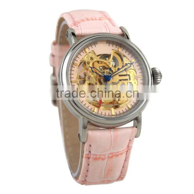 SA8139 IP rose gold vintage leather strap skeleton auto watch