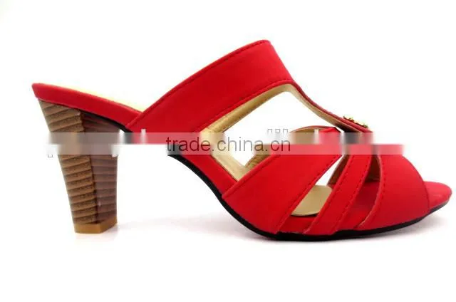 latest high heel PU leather wood heel office lady slipper with golden button