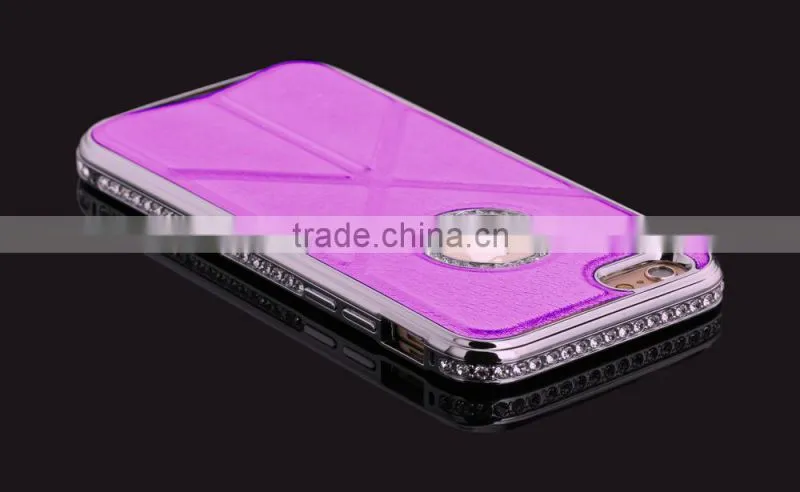 PU Leather and Diamond Metal Stands Function Phone Cases for iPhone 6