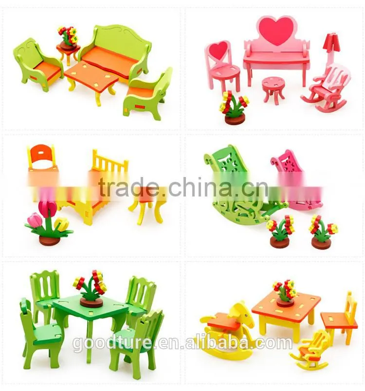 3D Assembling Mini Furniture Rocking Horse Rocking Chair And Table Set For Kindergarten Wooden Toy