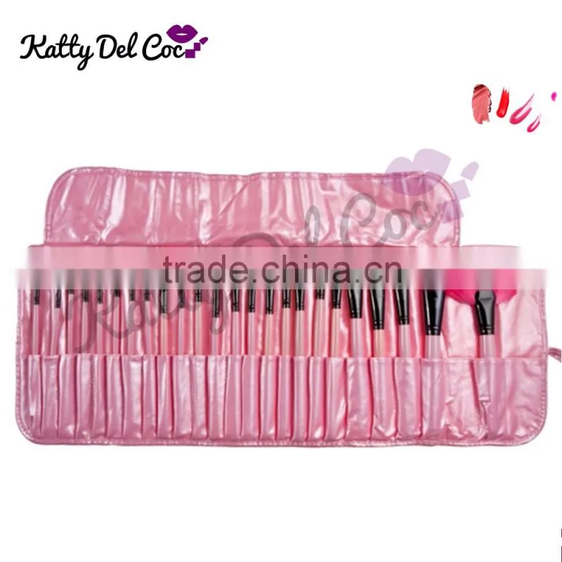 Best quality Pink 24pcs natural hair Pony professional makeup brush set with PU bag