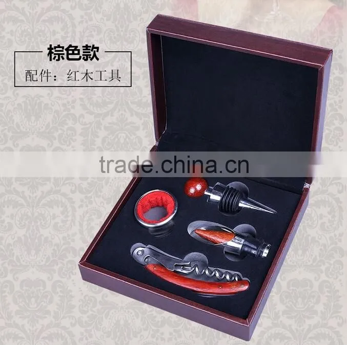 Factory OEM Supply Handmade Wine Tool Set with Leather Box, PU Leather Wine Accessories Gift Set Box