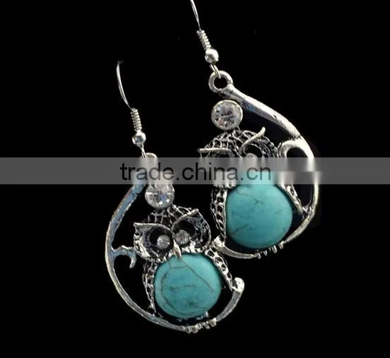 New Arrival Fashion Bohemia owl Silver Plated Turquoise Pendant Alloy Earrings