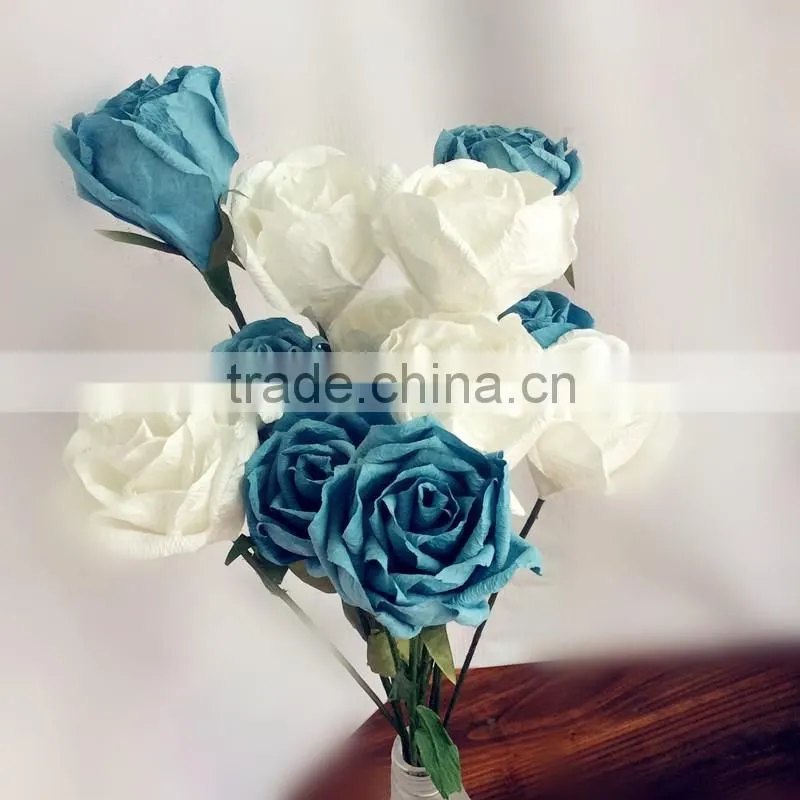 wedding decoration rose, blue & white crepe paper rose, party decoration rose