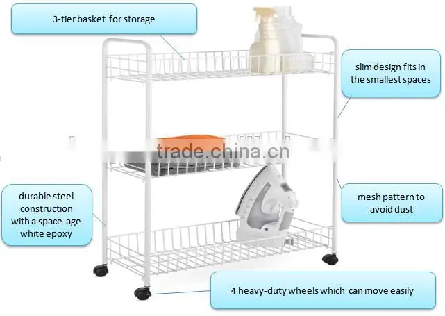 3-Tier White Epoxy Steel Laundry Cart With 4 Wheels for Home and Restaurant