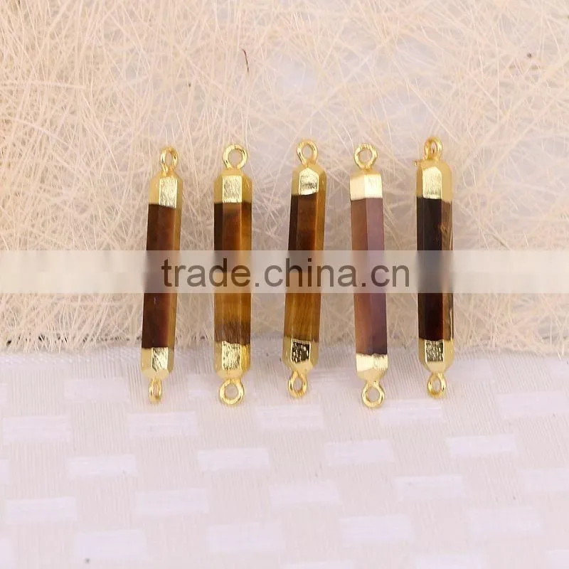 Natural Tiger Eye Gem stone Connector Beads, Gold Plated edged thin and long Druzy Stones For Jewelry Making