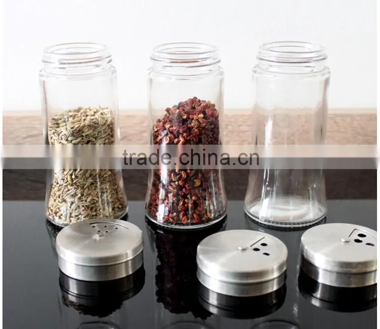 glass condiment salt holder with stainless steel caps