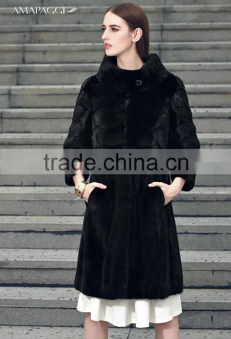 Factory sale long black natuarl mink fur women coat in China