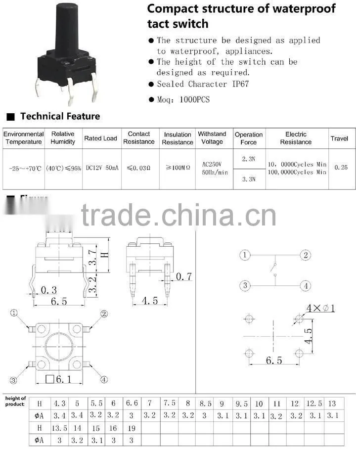Daier 6*6 long pin tactile switch