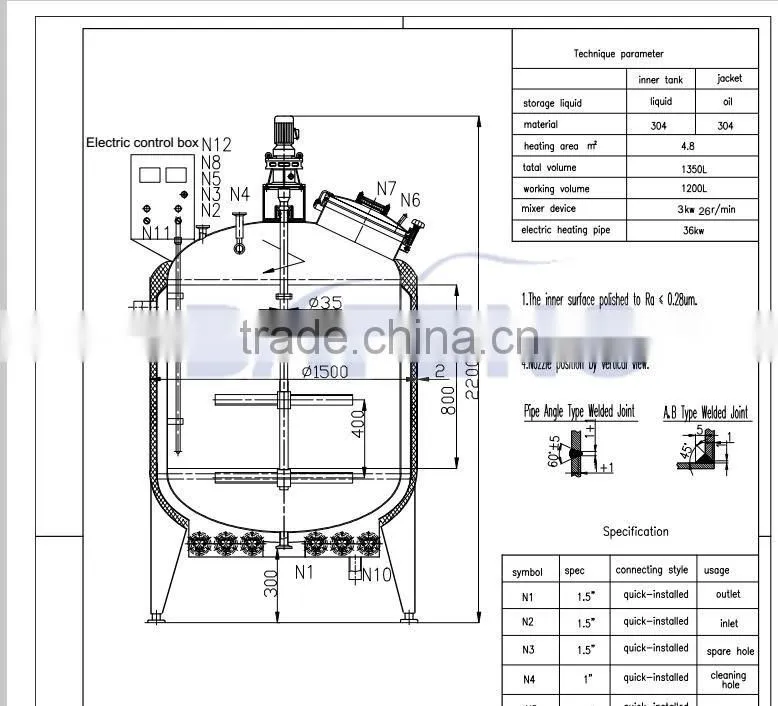 Stainless steel high shear mixing tank