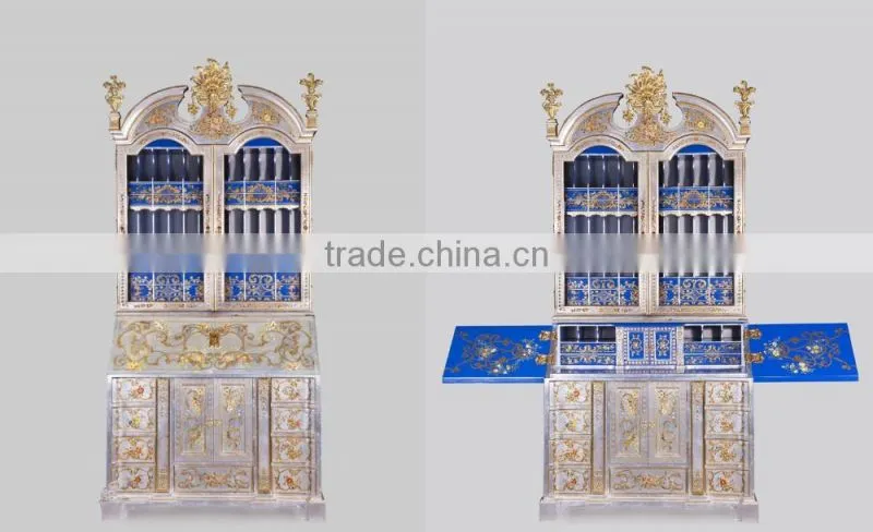 Gilded Bronze Coffee Table With Stained Glass Patterned Top, Unique Design Glass Enamel Brass Square Shaped Tea Table