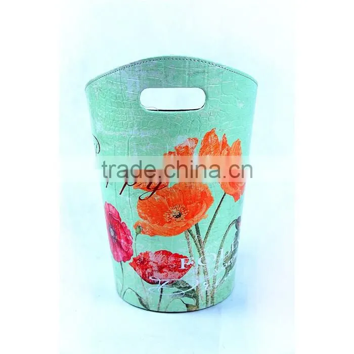 2016 Newest Flower Print Decorative Faux Leather Trash Can With Handle