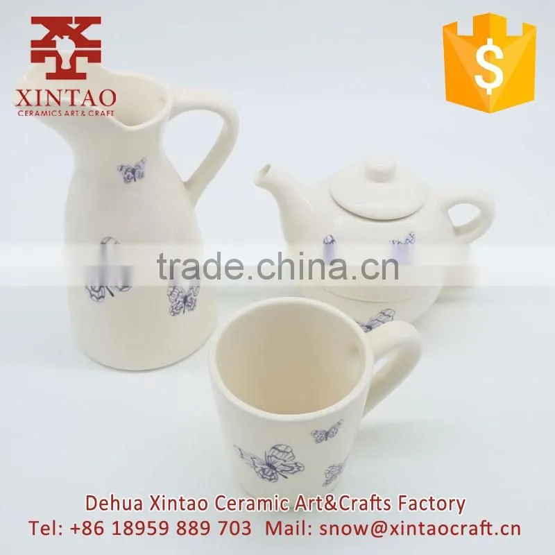 Glazed Full Hand Painted White with blue butterfly Ceramic Teapot