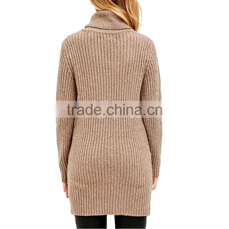 factory price elegant rib knit dressy long sleeve high neck long tunic tops