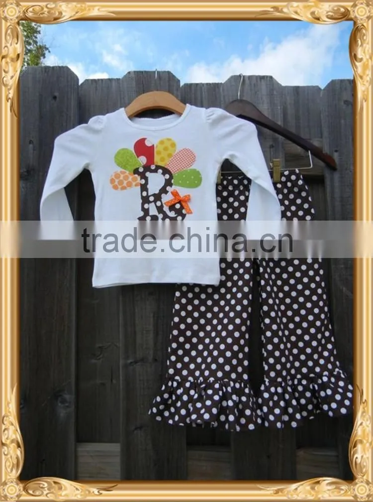 Thanksgiving day girls remake boutique outfits back to school outfits turkey embroidered top&polka dots ruffle pants sets