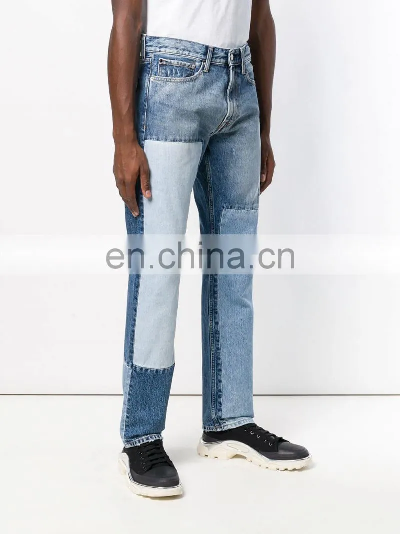 DiZNEW OEM Blue Cotton Straight Leg Patchwork Jeans For Men