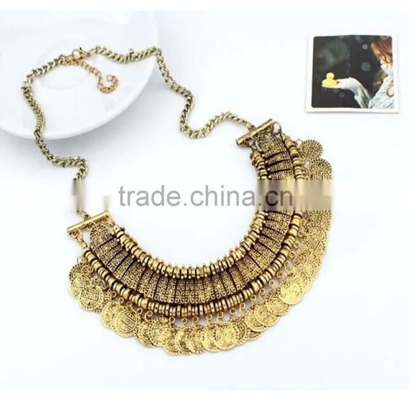 Vintage silver&gold plated coin tassel statement necklace elegant jewelry