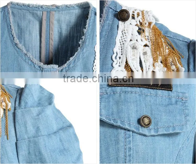 2015 fashion high quality latest designs woman half sleeve denim halter dress /denim and lace dress /prom dress