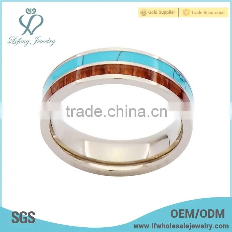 Wood grain and turquoise inlay matching titamiun ring,titanium jewelry allergy