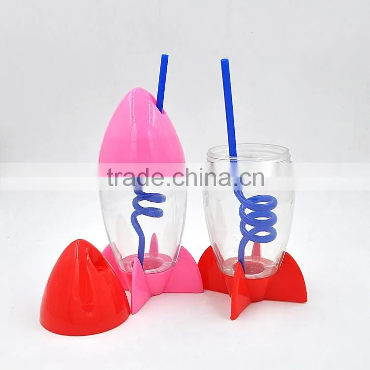 Reusable Creative Joyshaker Rocket Water Bottle, Plastic Cup With Straw For Kids