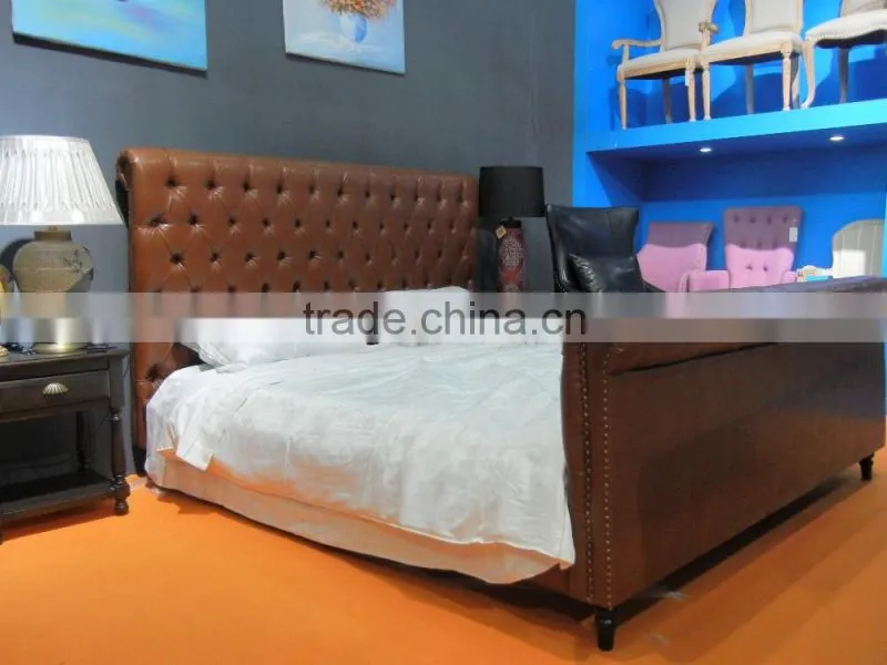 Neoclassic style bedroom furniture design leather vintage wooden bed frame