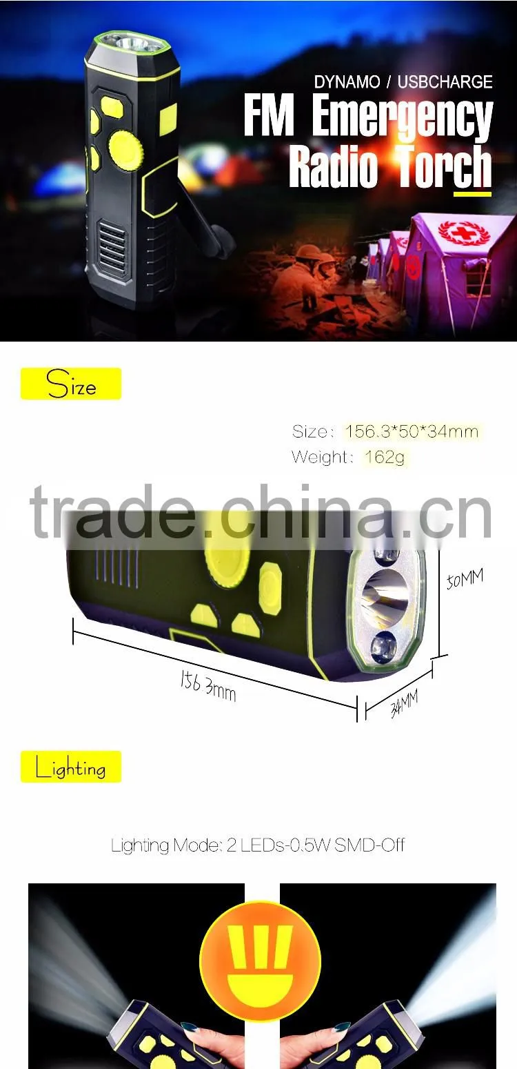 2016 New Handcrank Dynamo LED Flashlight Radio FM Radio Power Output Flashlight