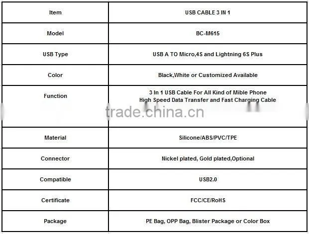 Micro-USB USB Type and Mobile Phone Use 3 in 1 charger cable