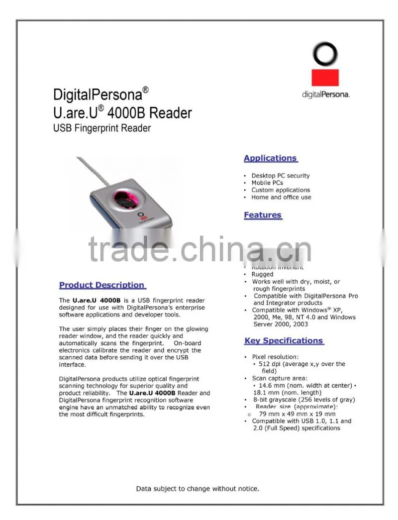 Ocean Digital Persona Fingerprint Scanner U. Are. U 4000b Fingerprint Reader