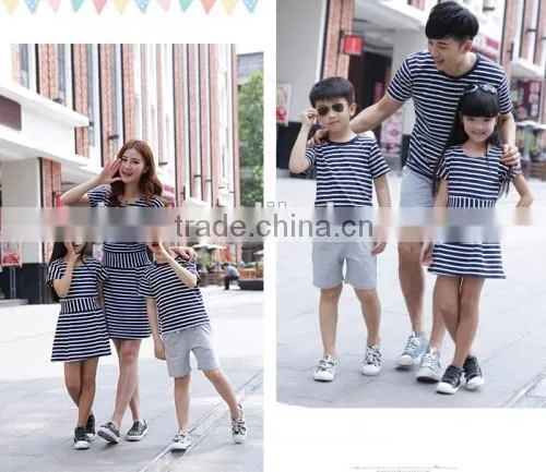 2015 Wholesale Strip Cotton Parents Children Clothes Factory Price Hot Summer Family Clothing Set