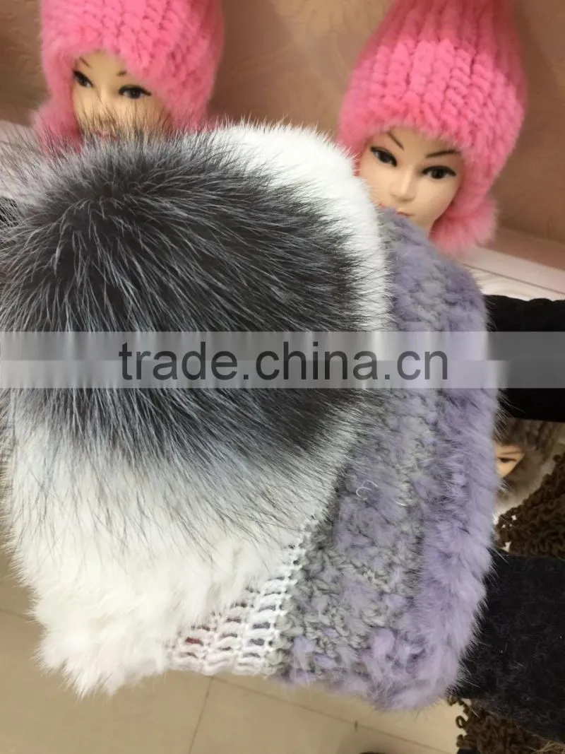 White grey Fashion grils kintted mink fur hat with pom pom