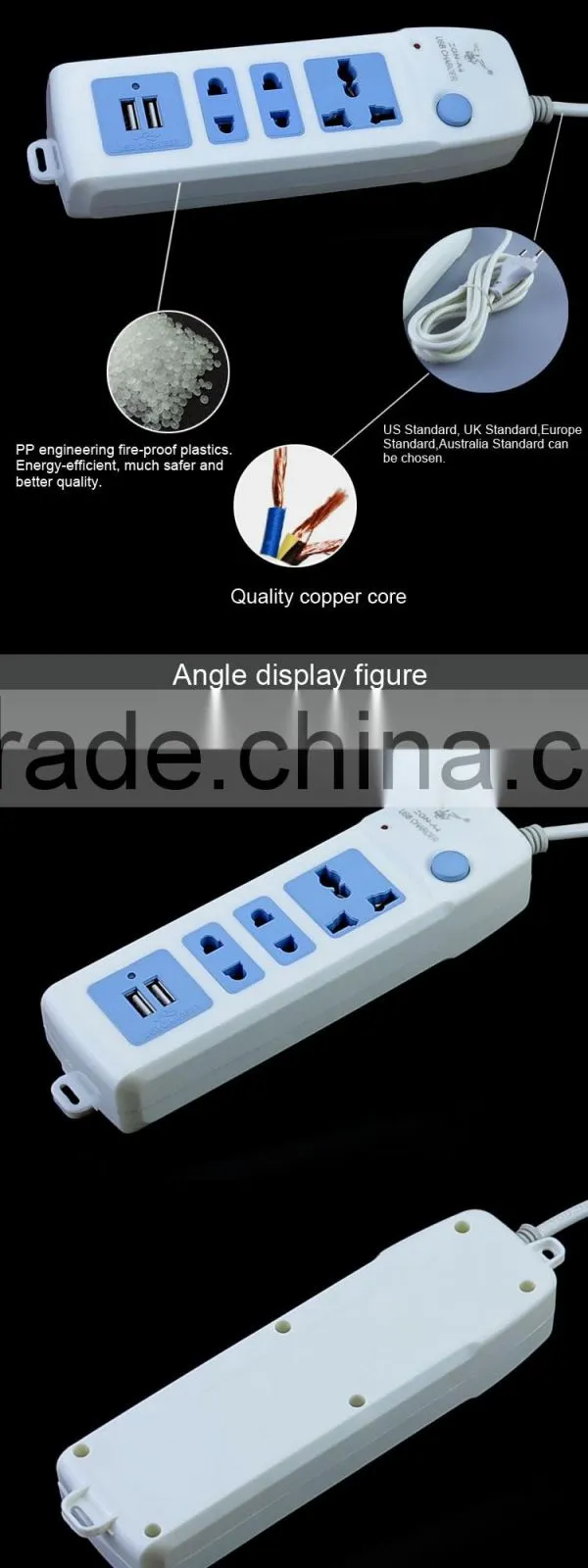 durable multi desktop smart electric switch and socket with dual USB ports