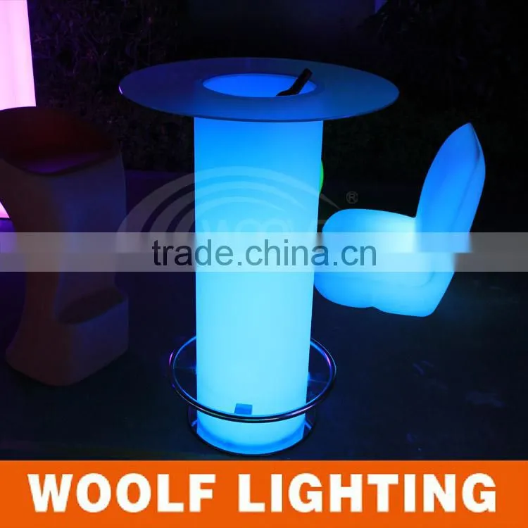 2014 Good Sales Shining Colourful LED Glowing Pillar Table for Party Events with Glass and Stainless Steel Leg