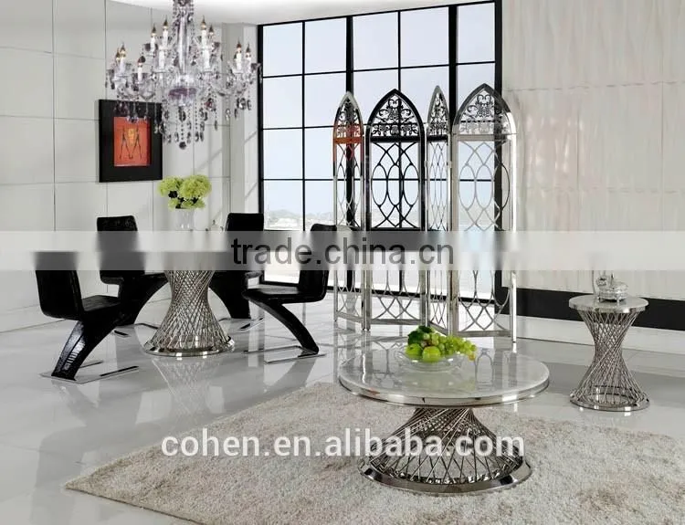 2016 Hot sale stylish design marble top dining table and chairs/stainless steel furniture dining table set for restaurant