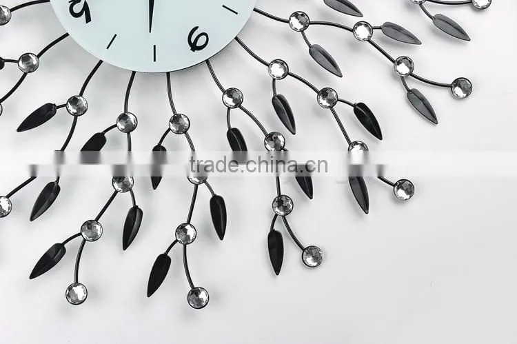 Metal wall digital clock with crystal and leaf