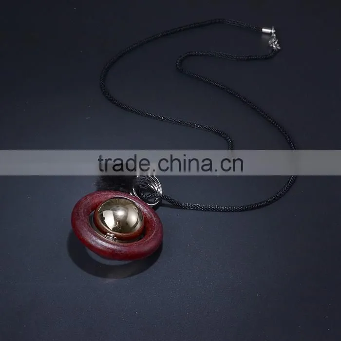 silver ball wood hoop pompon pendant necklace Korea retro long sweater necklace autumn geometric necklace