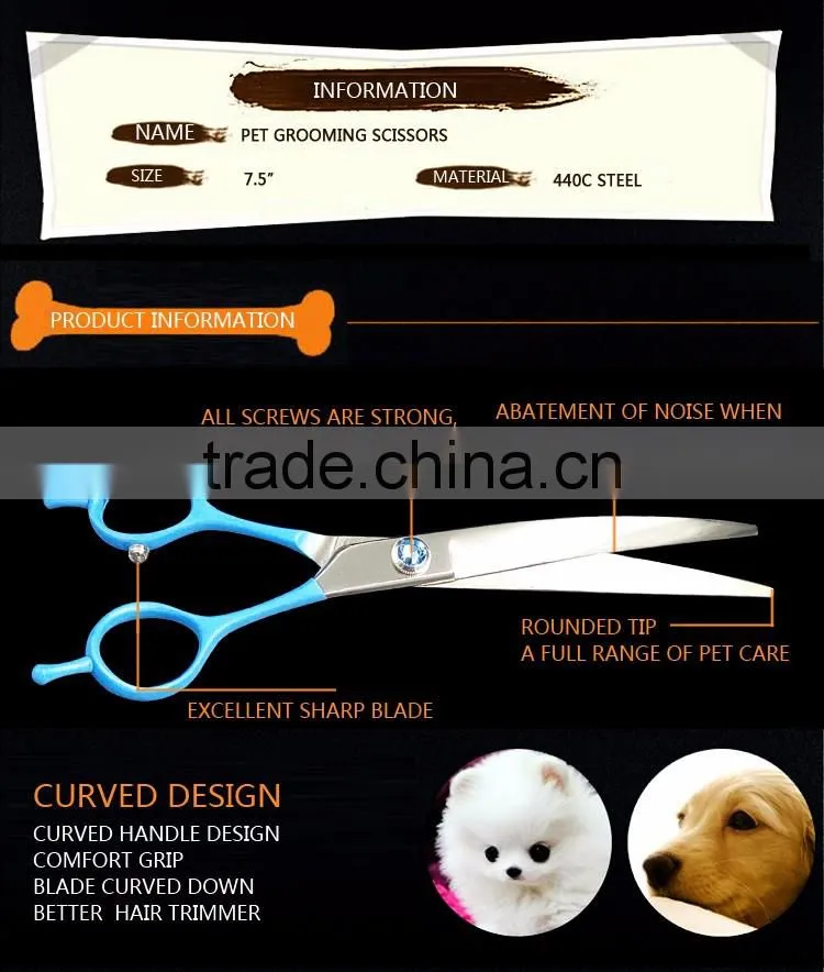 2017 New Arrival 440C Curved Scissors Dog Grooming Scissors Rubber Handle Pet Scissors