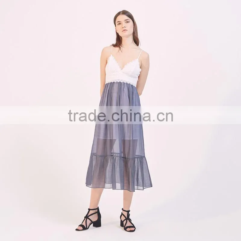 Hot style Splice sexy women deep V-neck slip and ruffled hem dress