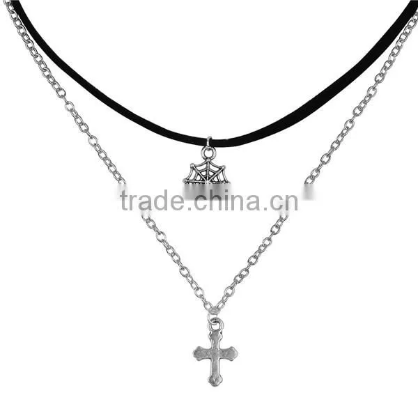 Velvet Suede Double Layer Halloween Choker Necklace Tone & Antique Silver Black Cobweb Cross 33.5cm long
